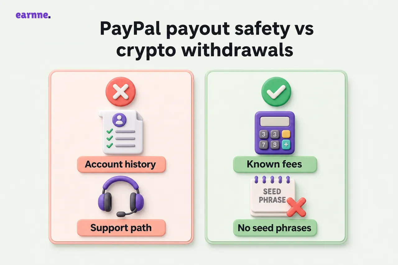 PayPal payout safety vs crypto withdrawals: avoid Account history and Support path; legitimate apps show Known fees and No seed phrases