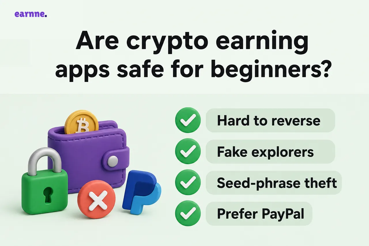 Are crypto earning apps safe for beginners? checklist: Hard to reverse, Fake explorers, Seed-phrase theft, Prefer PayPal