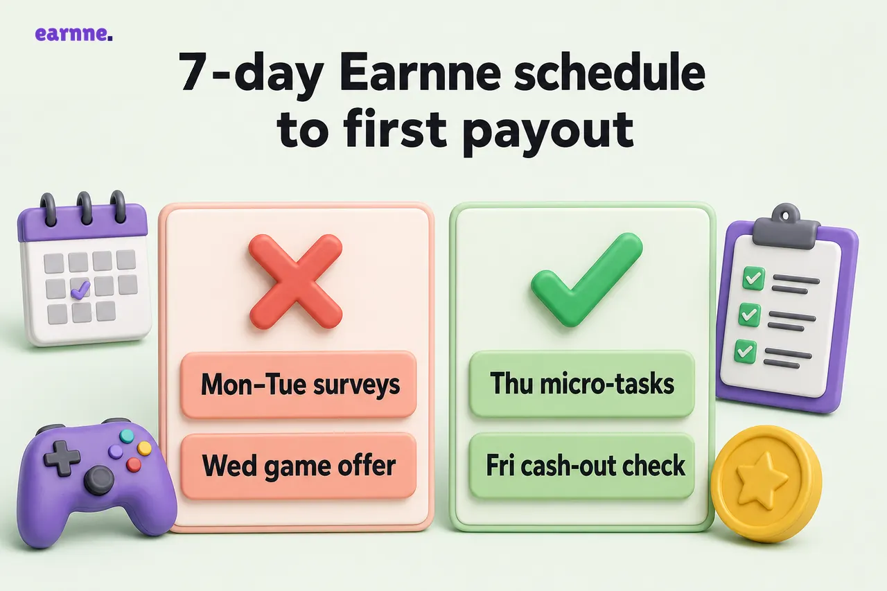 7-day Earnne schedule to first payout: avoid Mon–Tue surveys and Wed game offer; legitimate apps show Thu micro-tasks and Fri cash-out check