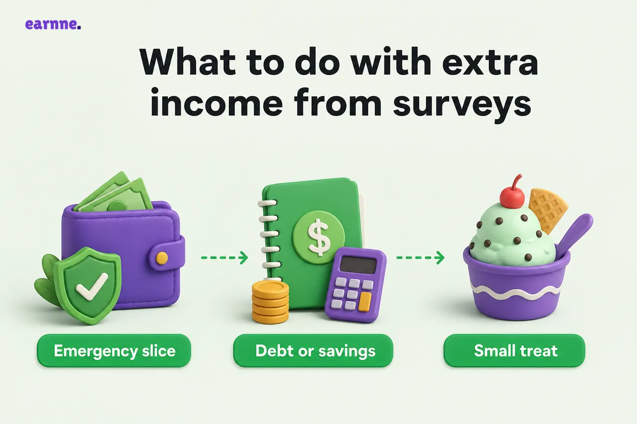 What to do with extra income from surveys — Emergency slice, Debt or savings, Small treat, Reinvest tools