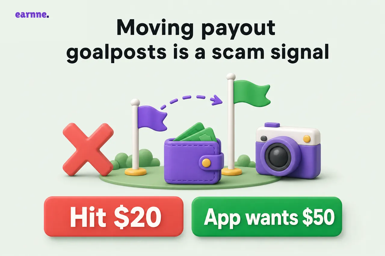 Moving payout goalposts is a scam signal — Hit $10 vs App wants $50