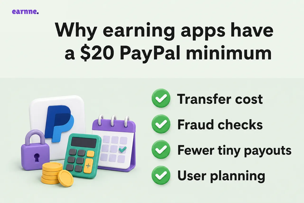 Why earning apps have a $10 PayPal minimum checklist: Transfer cost, Fraud checks, Fewer tiny payouts, User planning