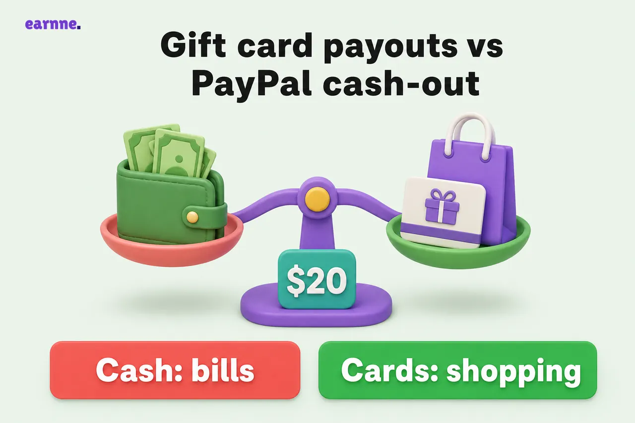 Gift card payouts vs PayPal cash-out — Cash: bills vs Cards: shopping