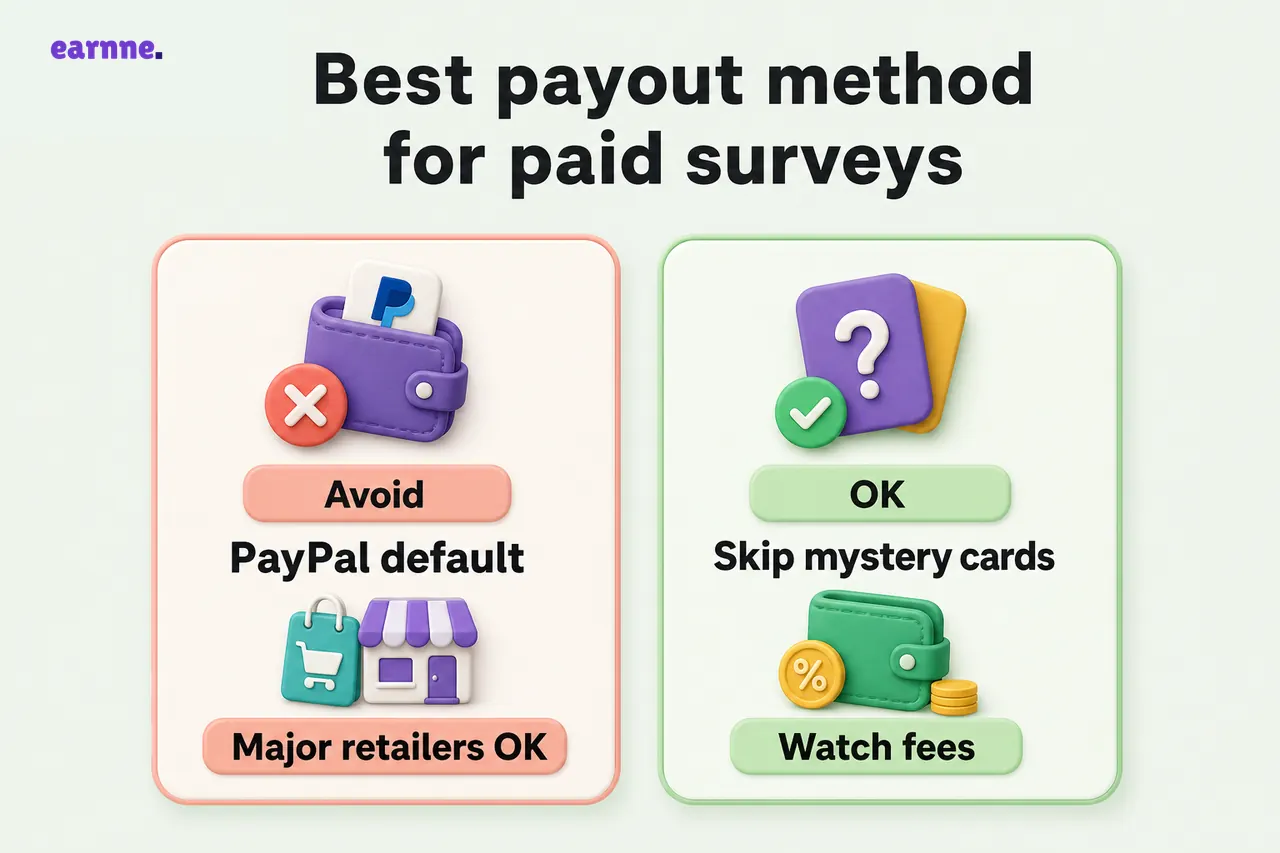 Best payout method for paid surveys: avoid PayPal default and Major retailers OK; legitimate apps show Skip mystery cards and Watch fees
