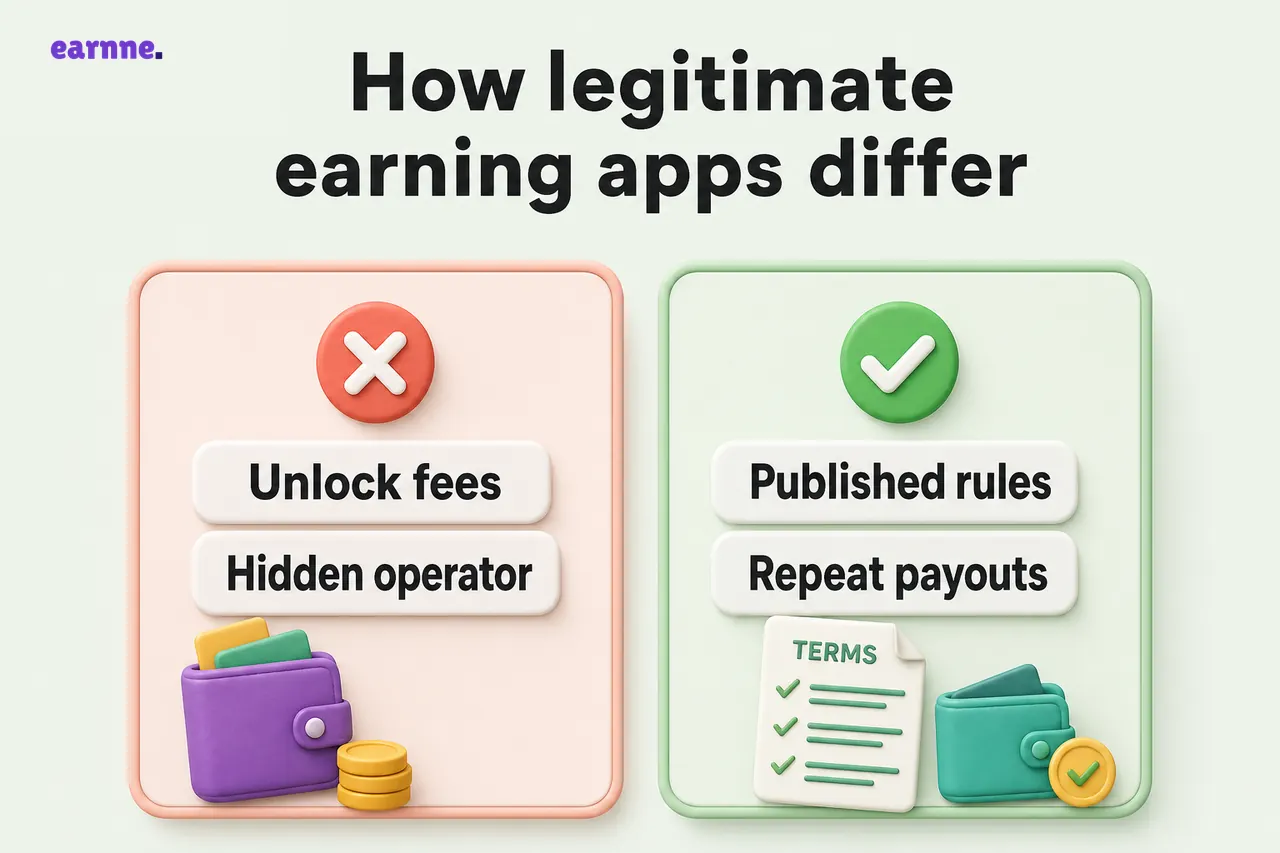 How legitimate earning apps differ: avoid Unlock fees and Hidden operator; legitimate apps show Published rules and Repeat payouts
