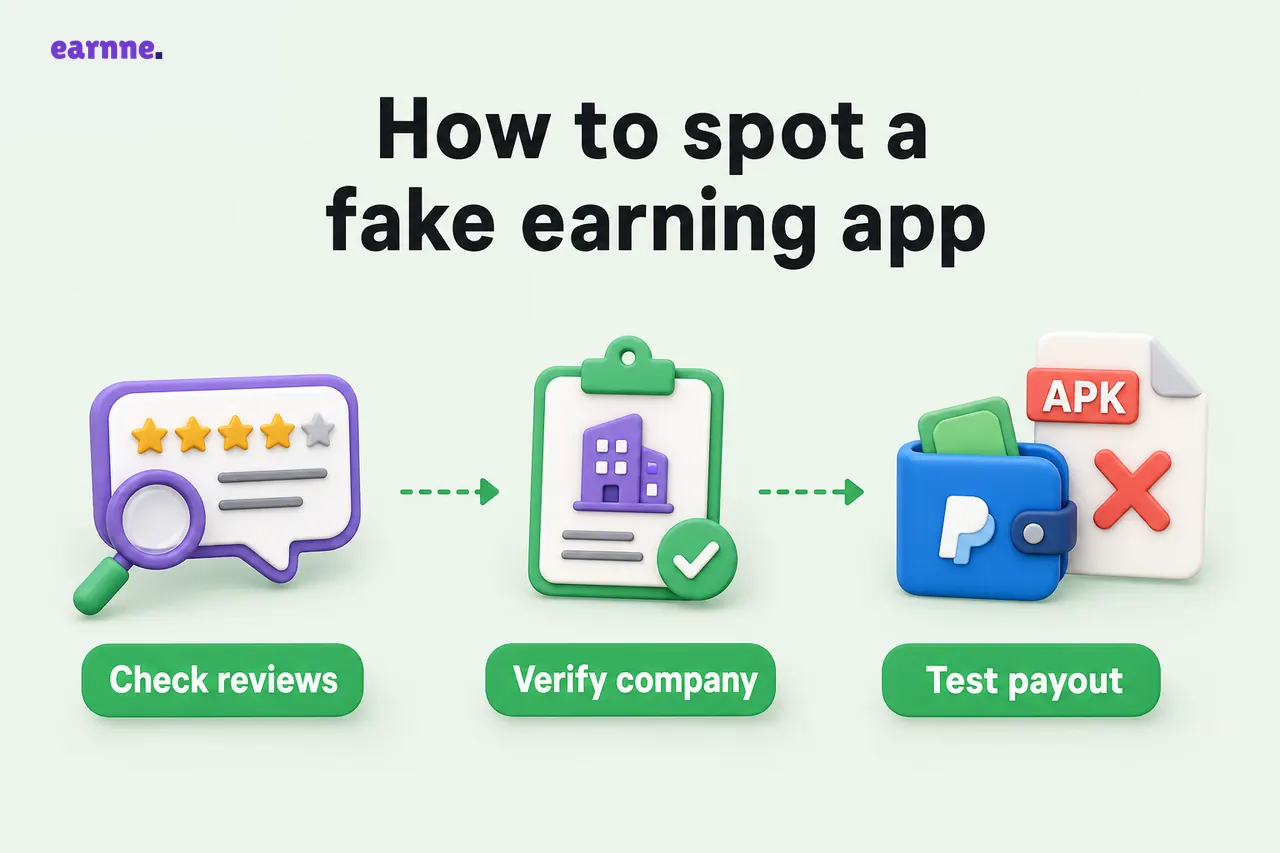 How to spot a fake earning app — Check reviews, Verify company, Test payout, Skip APKs, Keep 2FA on