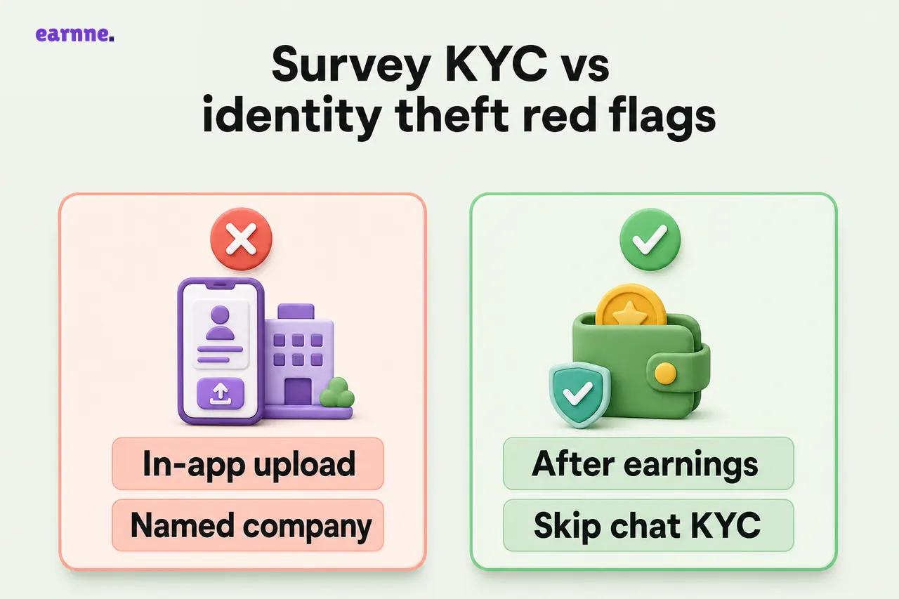 Survey KYC vs identity theft red flags: avoid In-app upload and Named company; legitimate apps show After earnings and Skip chat KYC
