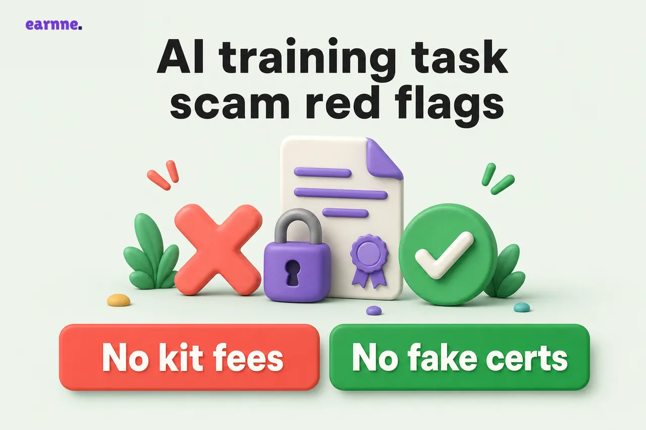 AI training task scam red flags — No kit fees vs No fake certs