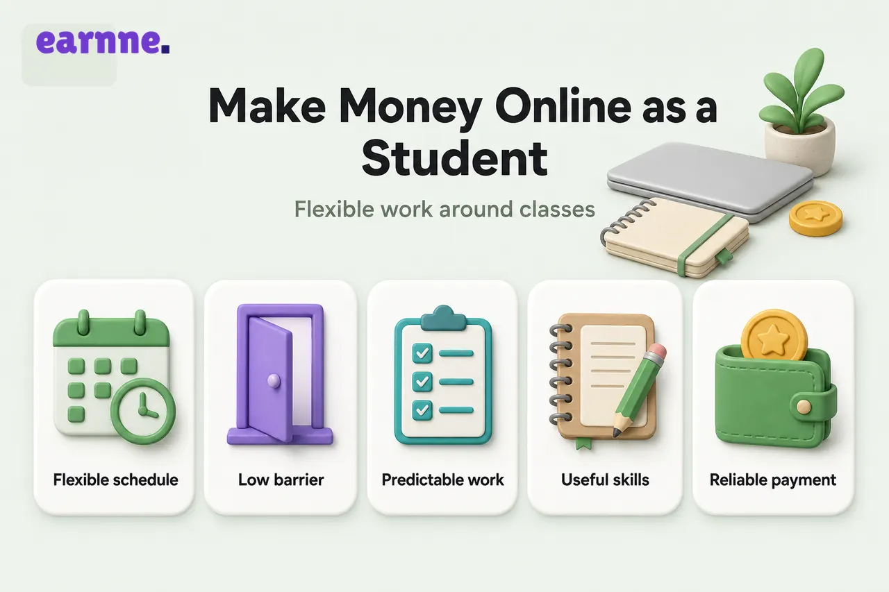 Infographic on making money online as a student: flexible schedule, low barrier, skills, and reliable payment