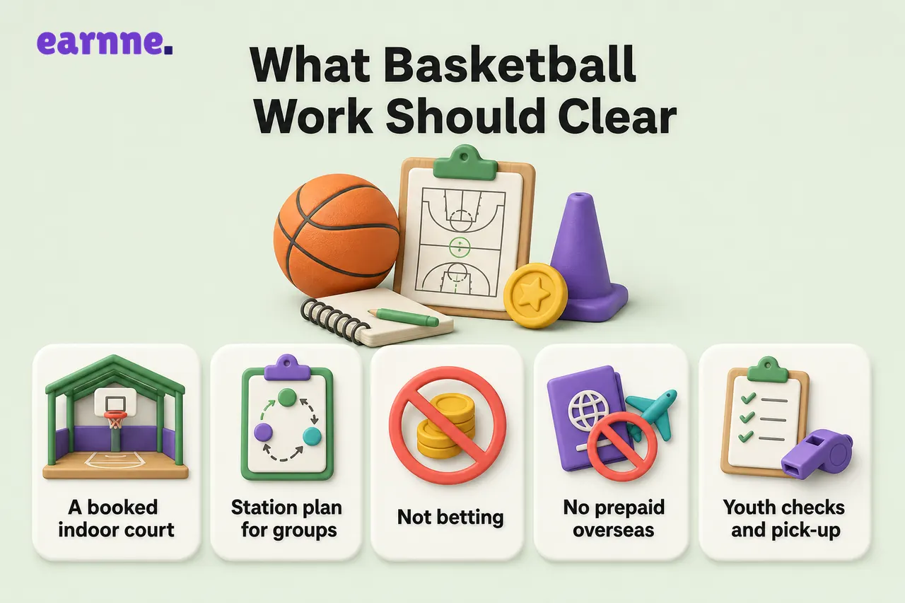 Basketball work checklist: booked gym, station plan, not betting, no prepaid overseas contracts, youth safeguarding