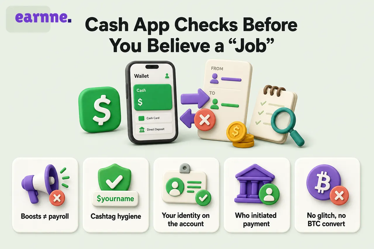 Infographic: Cash App checks — boosts are coupons, Cashtag hygiene, your identity, who pays you, no glitch tasks