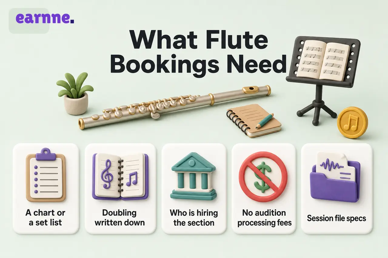Flute booking checklist: chart or set list, piccolo doubling note, who pays the section, no audition fees