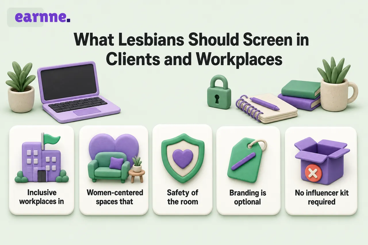 Infographic on what lesbians should screen: inclusive workplaces, paid women-centered spaces, safety of the room, optional branding, no influencer kit