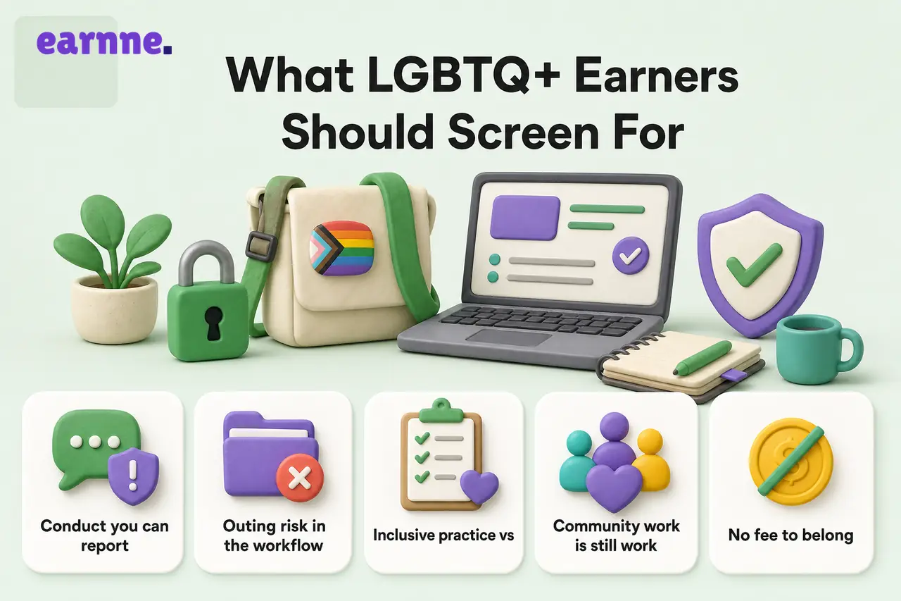 Infographic on LGBTQ+ online work checks: reporting paths, outing risk, real inclusion, paid community work, and scam fees