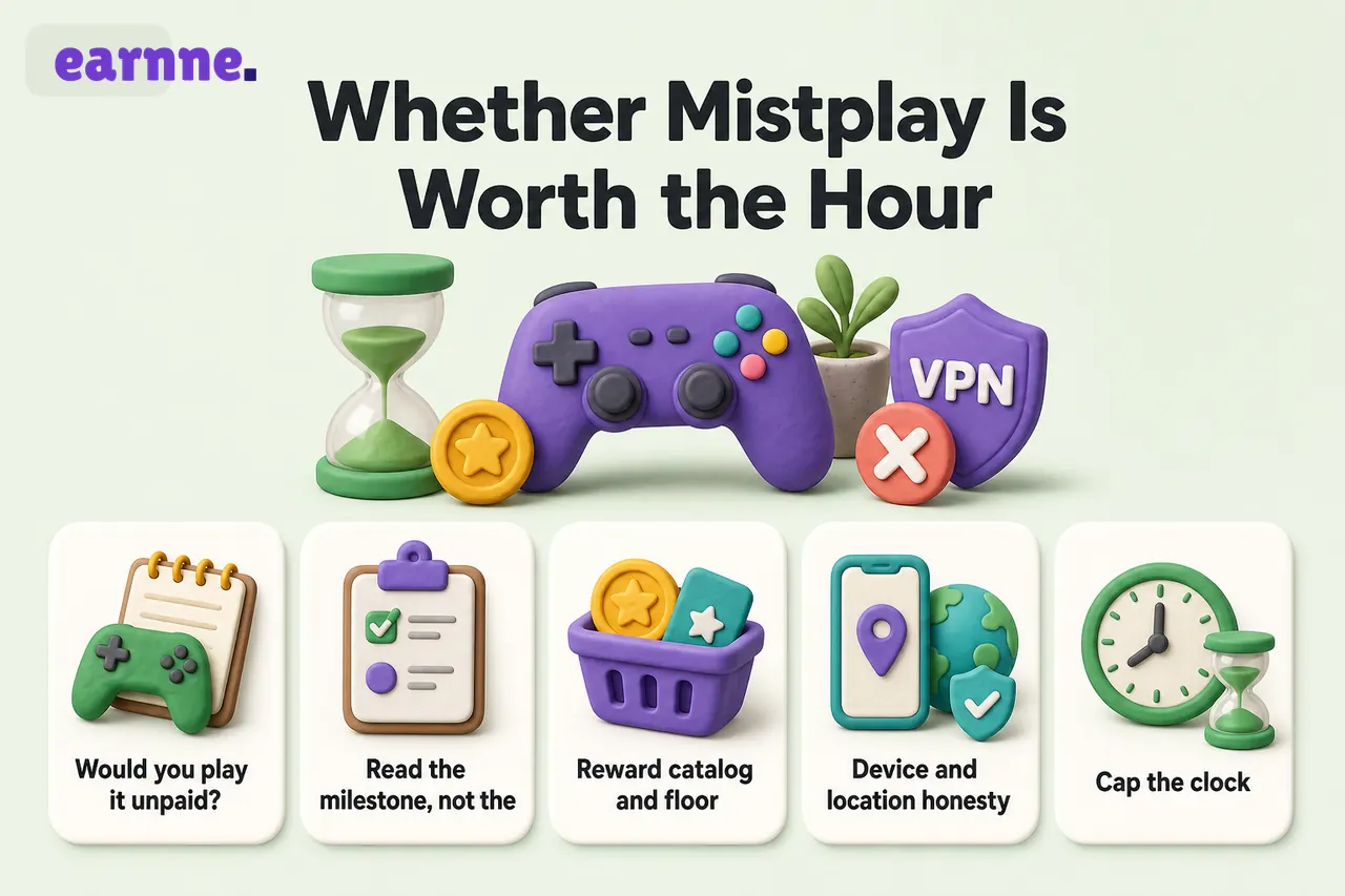 Infographic: Mistplay checks — play only games you like, read milestones, reward floor, no VPN farms, cap the clock
