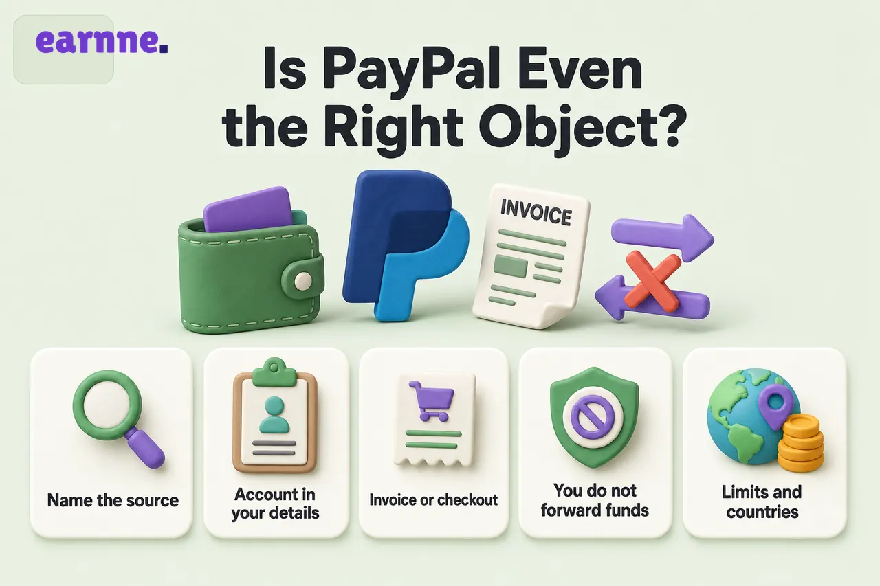 Infographic: PayPal is a payout rail — name the source, use your identity, invoice properly, never forward funds