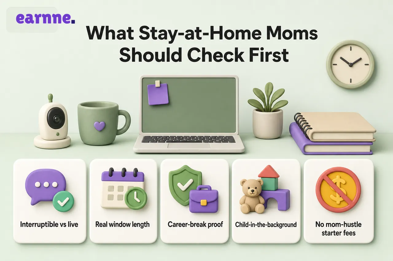 Infographic on what stay-at-home moms should check: interruptible vs live calls, nap windows, career-break proof, and no starter fees