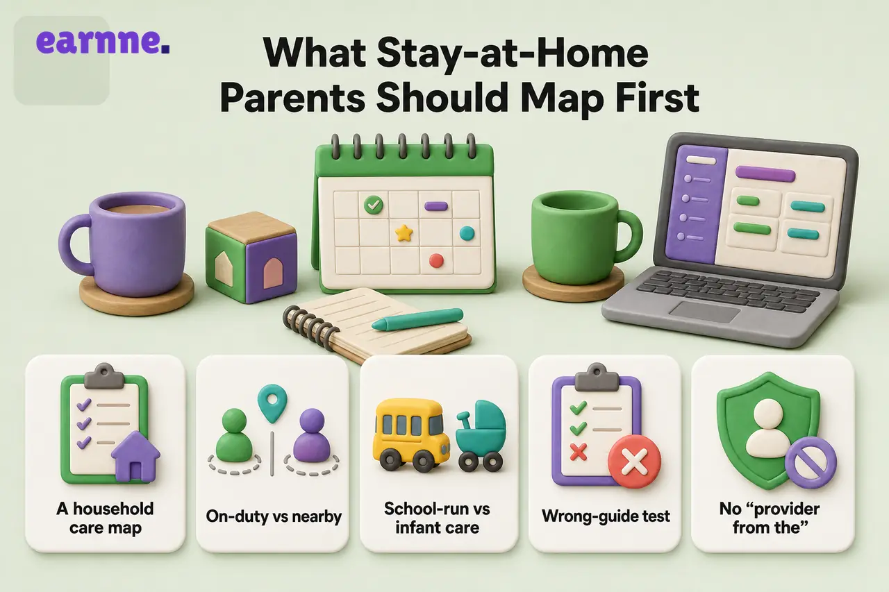 Infographic on care-window checks for stay-at-home parents: household map, on-duty vs nearby, school vs infant care, and no fee kits