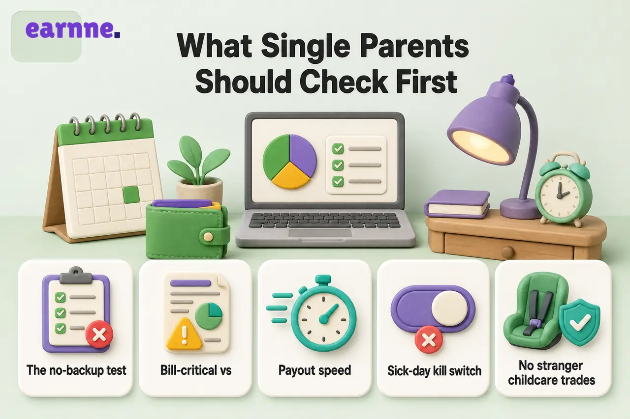 Infographic on what single parents should check: no backup adult, bill-critical vs experimental income, payout speed, and sick-day pause plans