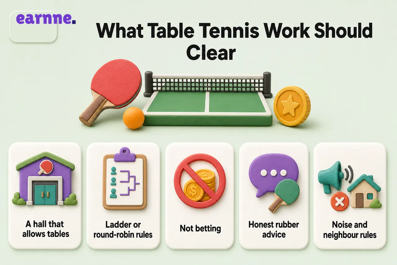 Table tennis / ping pong checklist: hall booking, ladder rules, not betting, honest rubber advice, noise curfew