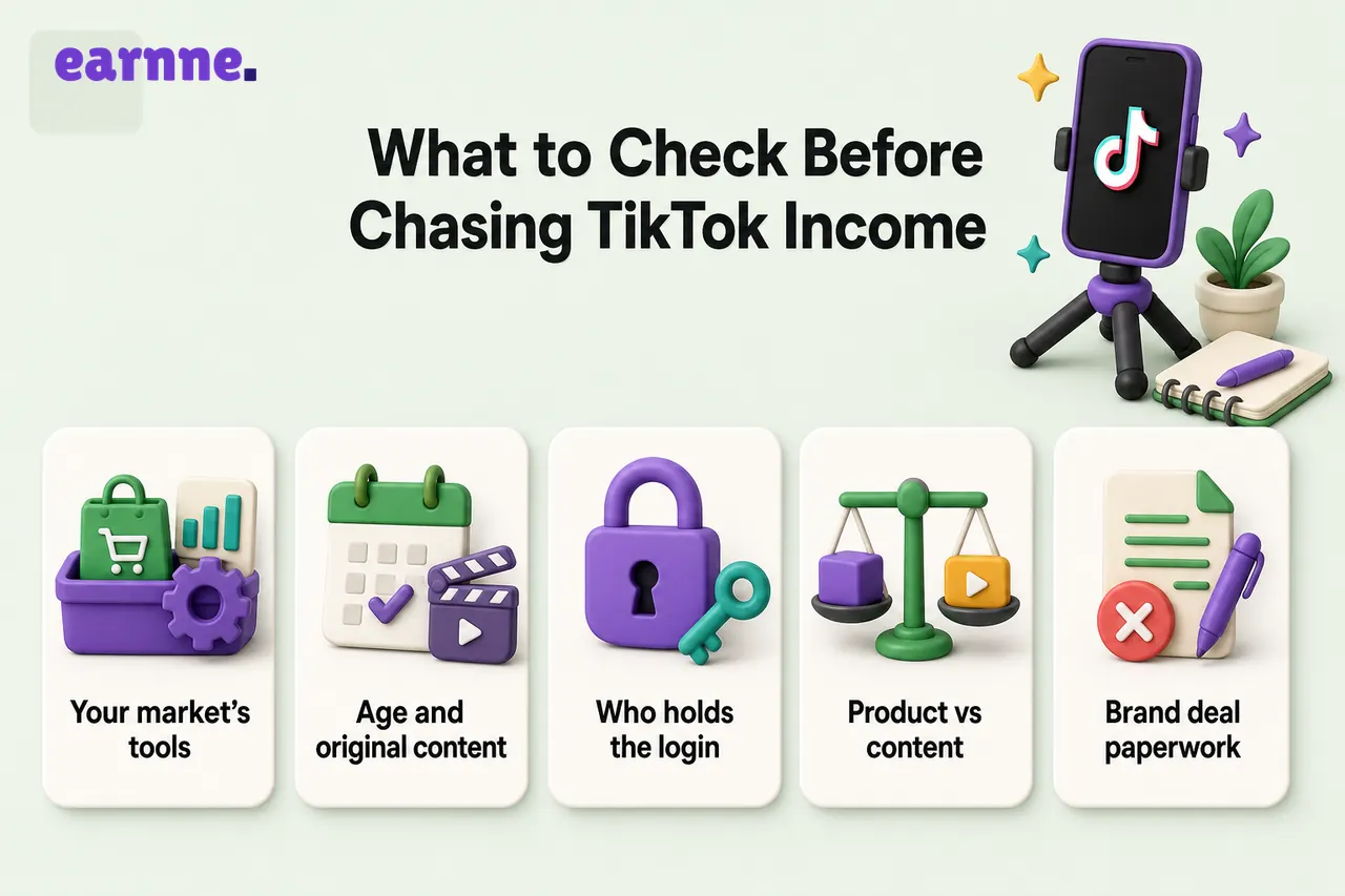 Infographic of TikTok monetization checks: region tools, age, password safety, shop vs content, brand paperwork