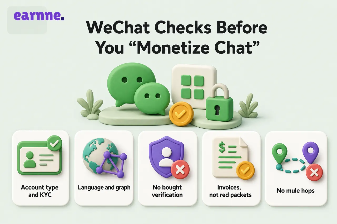 Infographic: WeChat earning checks — account type, local graph, no bought verification, invoices, no mule hops