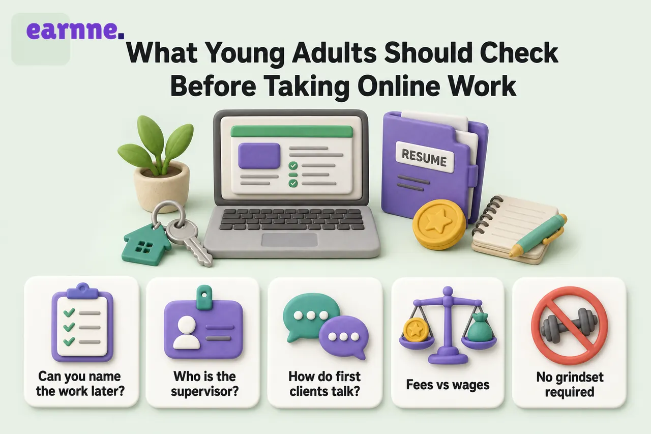 Infographic on what young adults should check before online work: named work, a supervisor, first-client habits, no fees, no grindset
